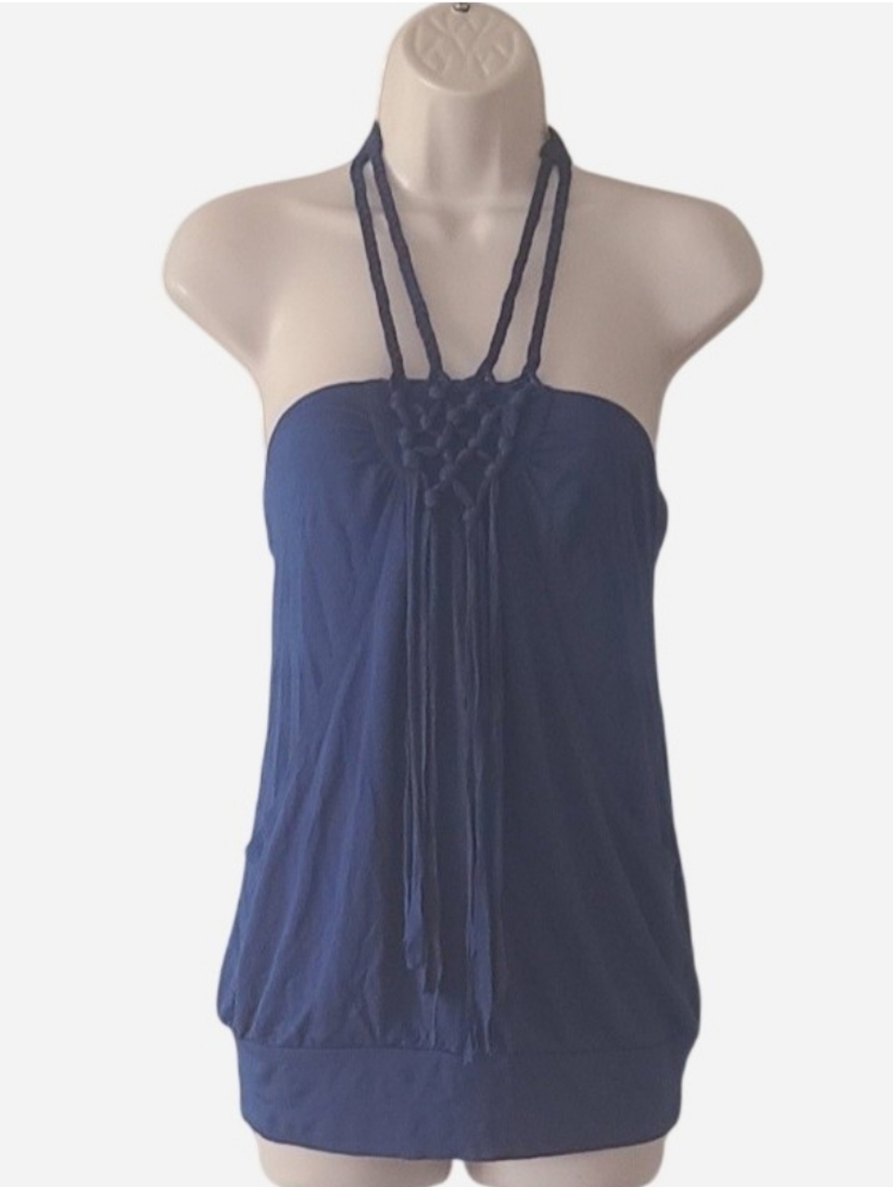 Blue Boho Halter Top with Tassels